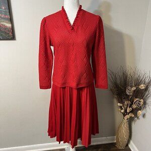 Vintage Franco Verdi Red Knit Perforated Top And Pleated Skirt Set Women Sz M ?!